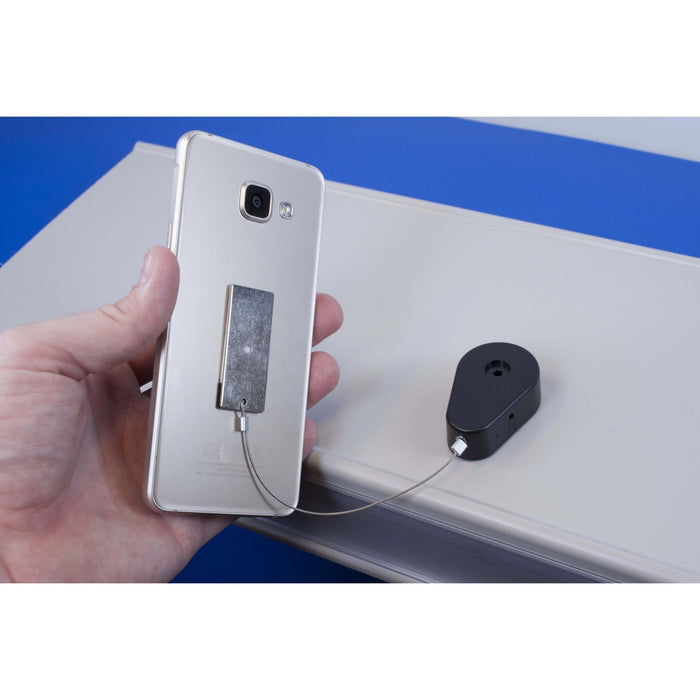 Retractable Tether Using Security Tether with Retractable Cable and Adhesive PUL — Hang and Display