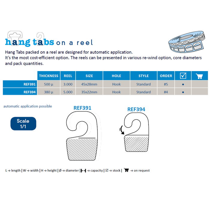 Self Adhesive Hang Tabs with Open Hook on Reel REF-391-Hang Tabs-Hang and Display