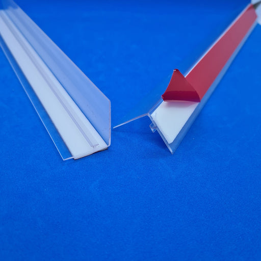 Shelf Stopper Strip Clear PVC with T-Rail and Adhesive Base