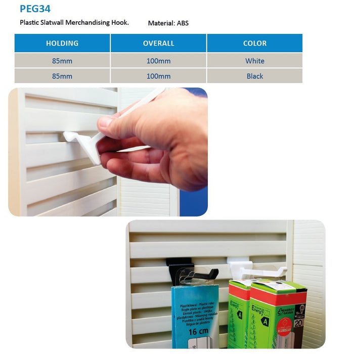 Slatwall Single Prong Plastic Merchandising Hook For Slot Wall PEG34 - Hang and Display